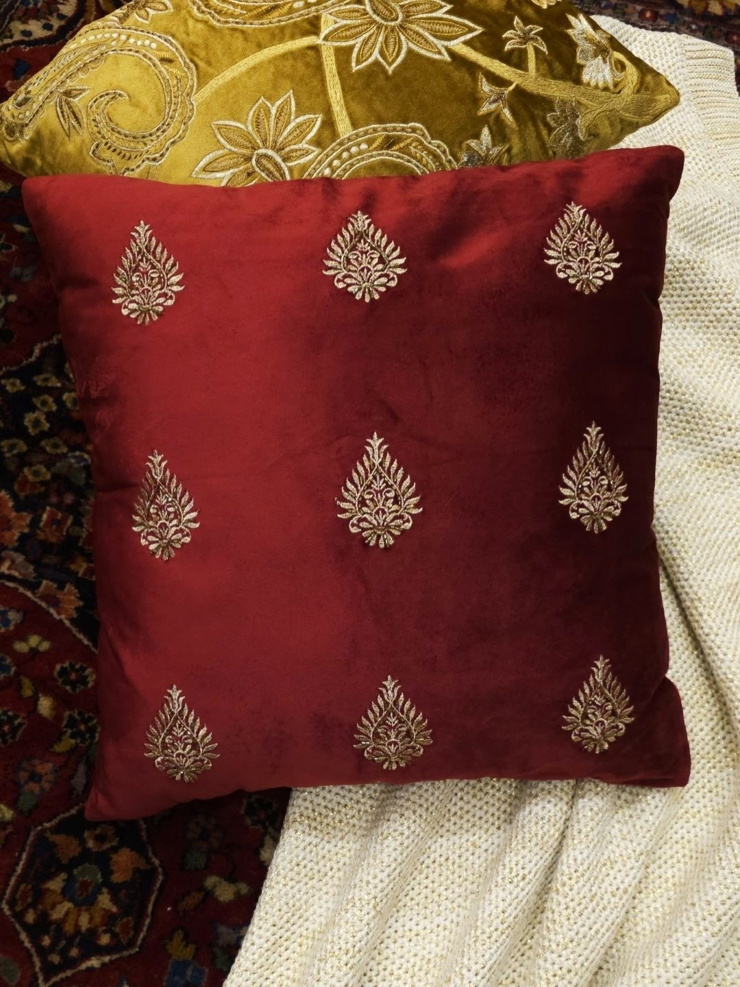 Revive Home Burgundy & Gold-Toned Floral Embroidered Velvet Square Cushion Cover