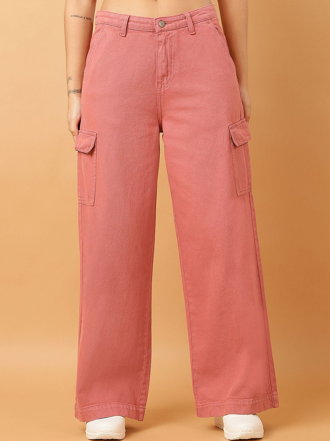 Roadster Women  Pink Cotton Straight Fit High-Rise Cargo Jeans