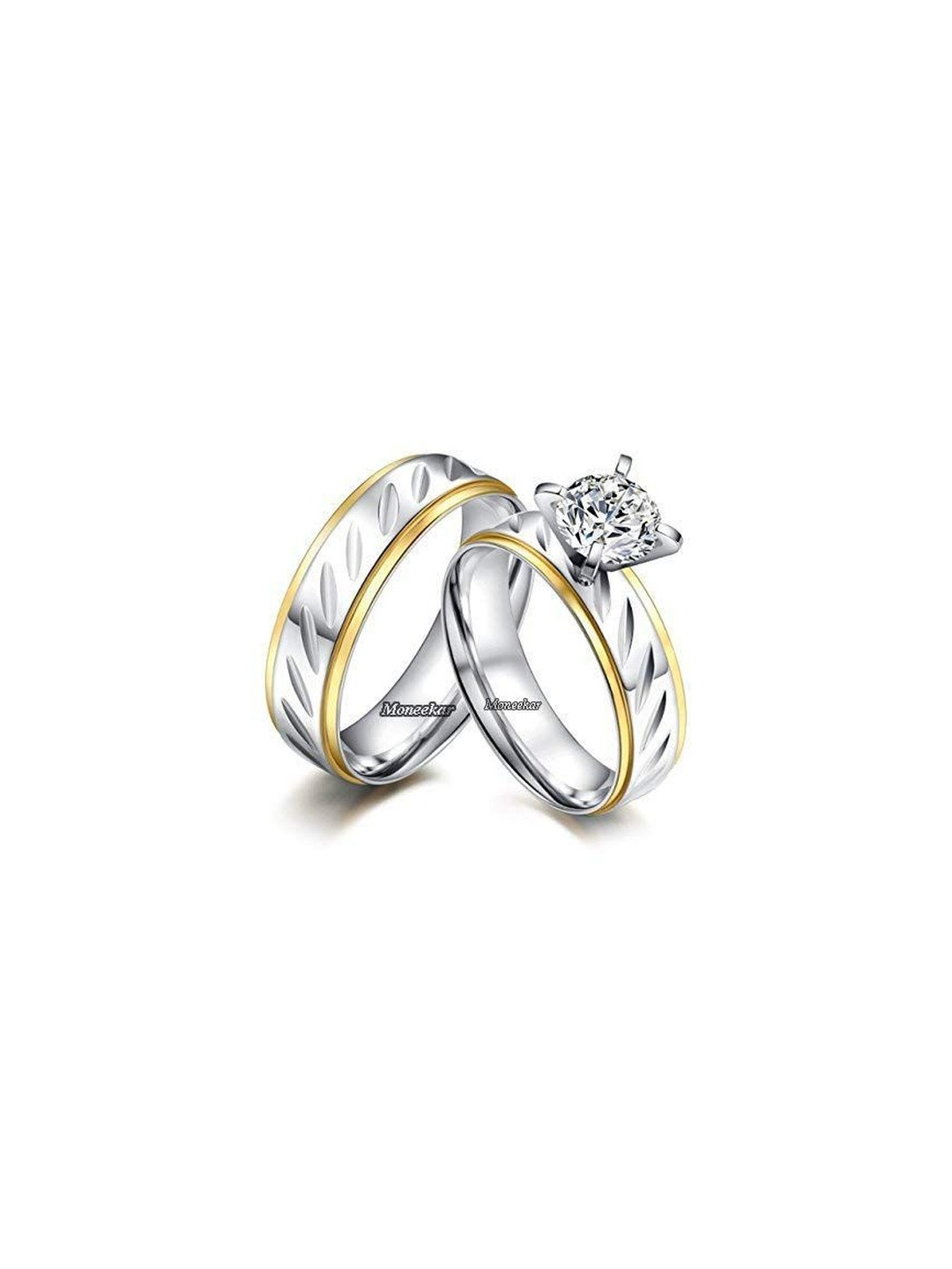 Moneekar Jewels Unisex Set of 2 Dual-Tone Stainless Steel Cubic Zirconia Finger Rings