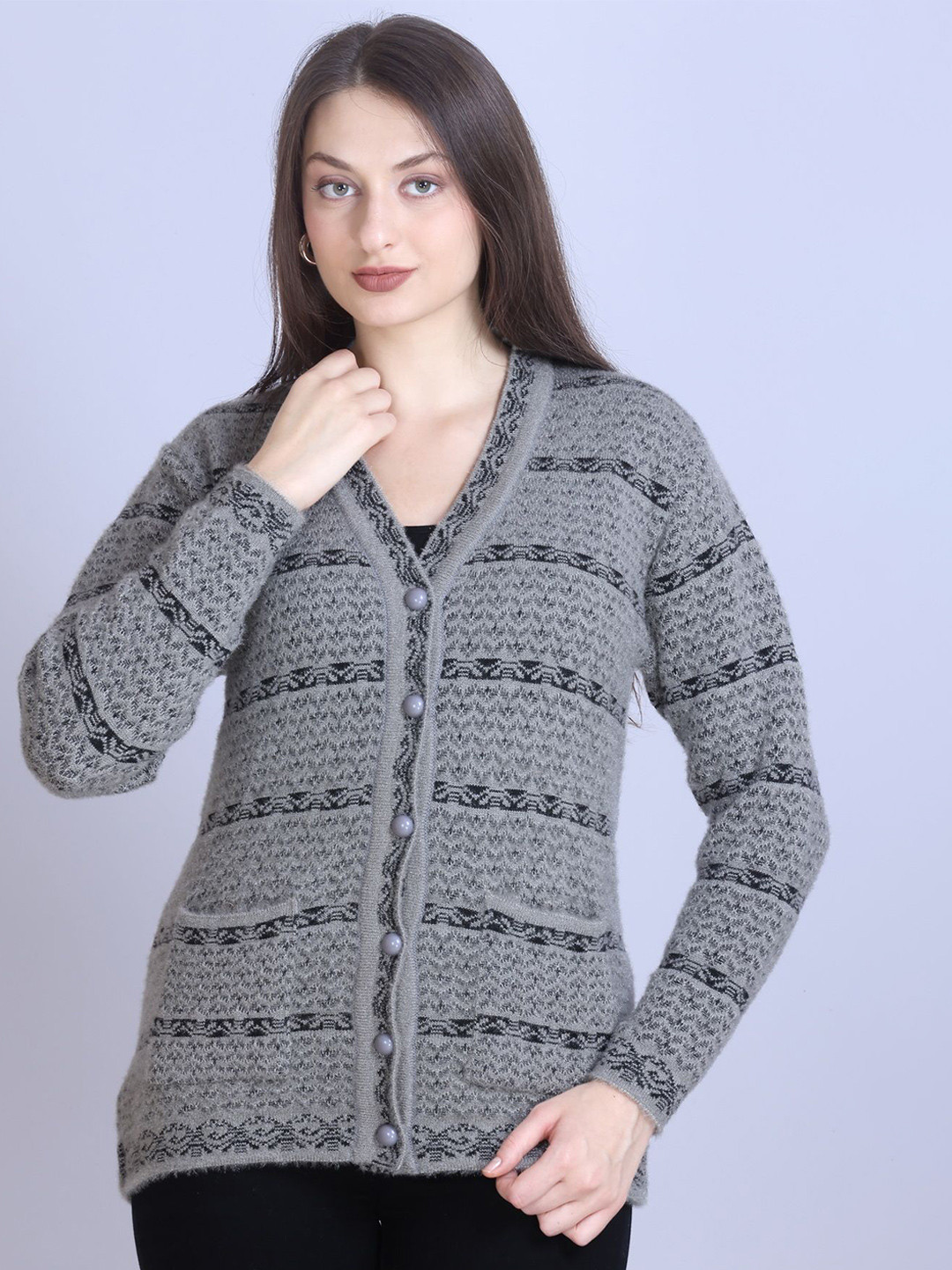 FIRST SLEEP Abstract Self Design Woollen Cardigan