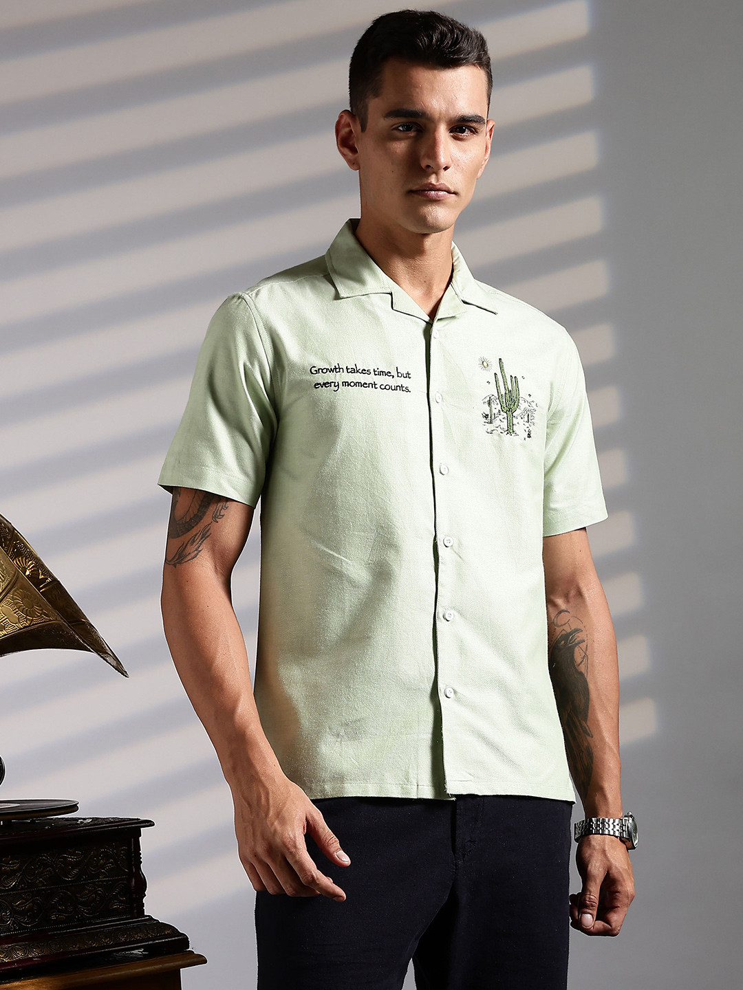 Eszett Cactus Cuban Collar Cotton Shirt