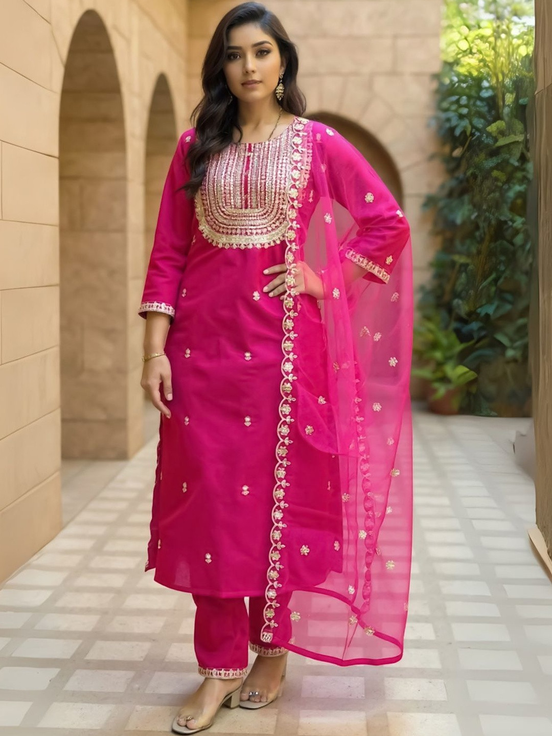 Indo Era Ethnic Motifs Embroidered Kurta With Trouser & Dupatta