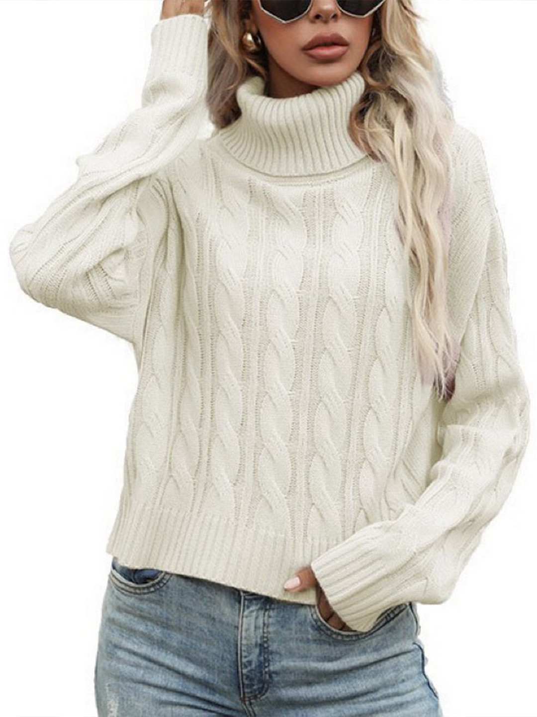 StyleCast Women Cable Knit Self Design Turtleneck Pullover