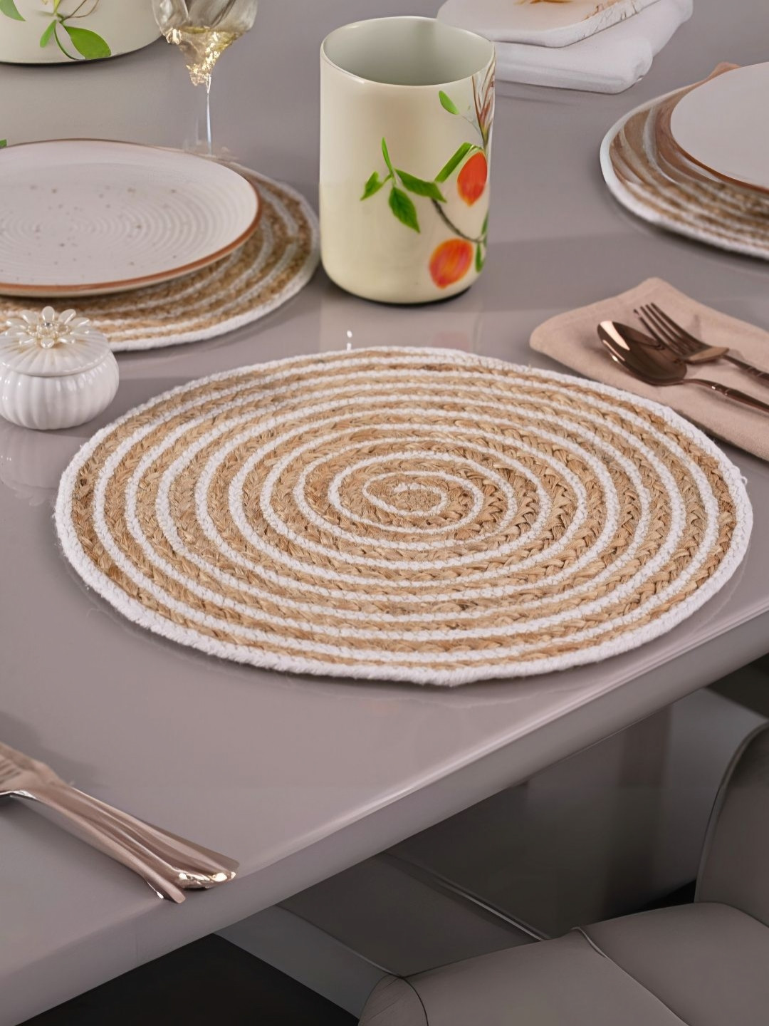 Royaloak 4-Pcs White & Beige Printed Round Shape Table Jute Placemats