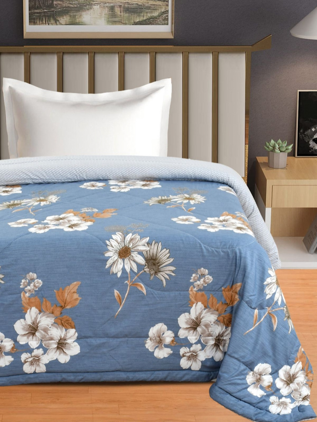 Florida Rose Single Comforter Navy Blue & White Printed AC Room 200 GSM Comforter