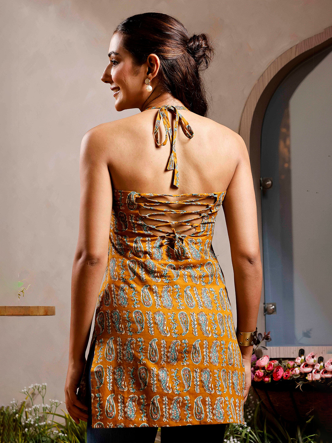 Anouk Mirage Floral Printed Halter Neck Pure Cotton Kurti