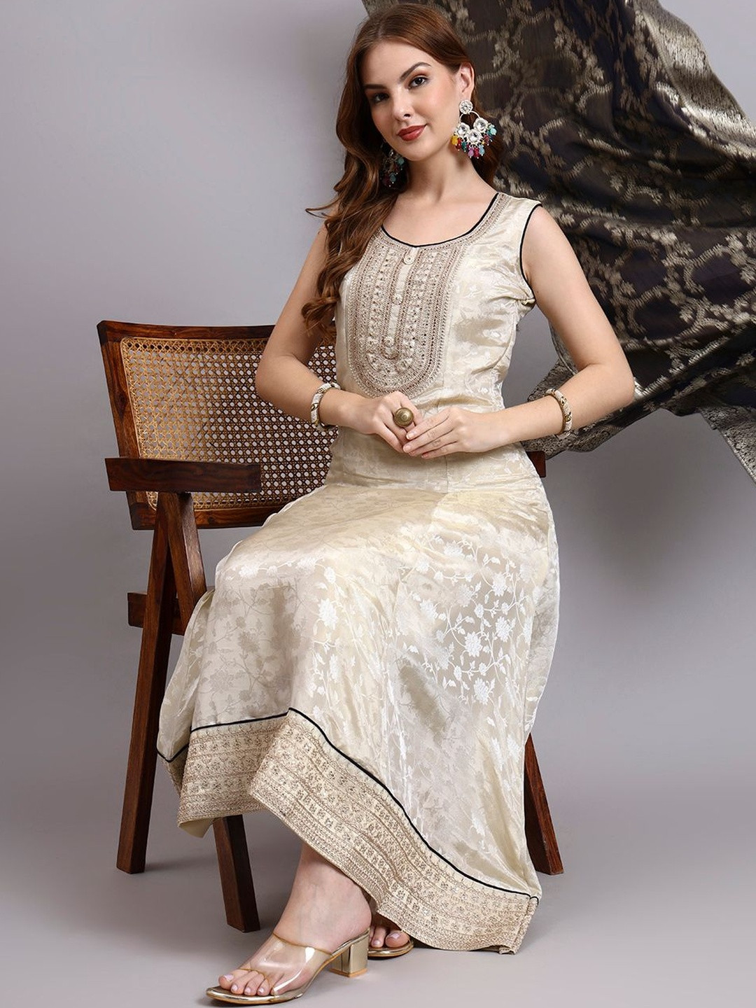 JDS LIFESTYLE Floral Woven Design No Sleeves Anarkali Kurta With Trousers & Dupatta