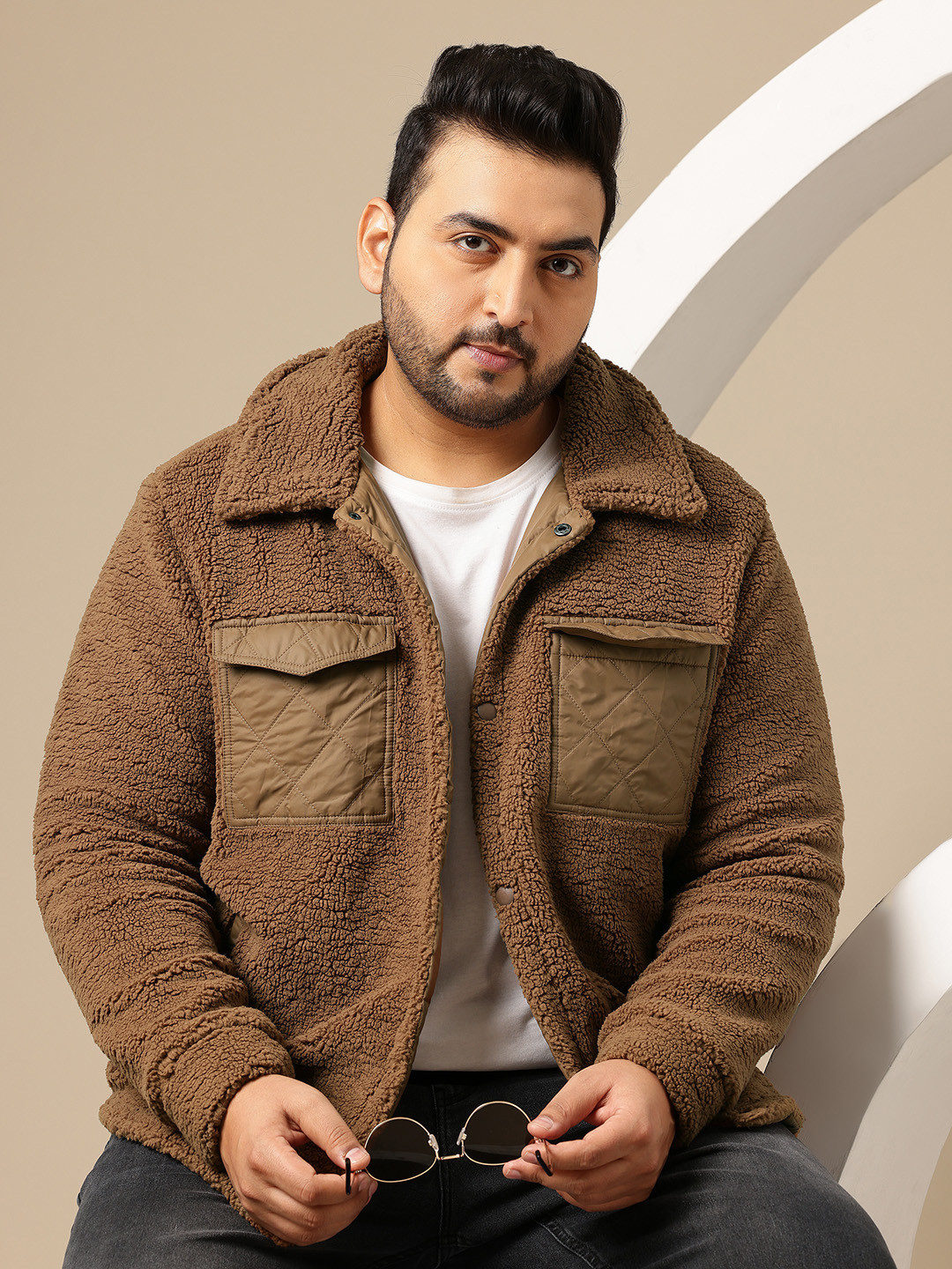 Sztori Plus Size Spread Collar Sherpa Jacket