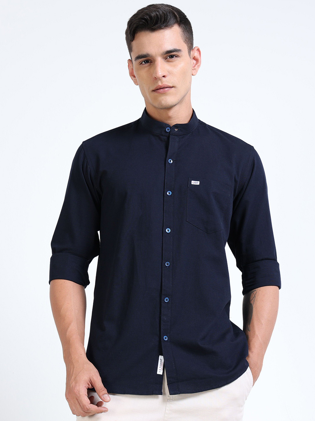 U.S. PITCHERS Men Standard Slim Fit Solid Mandarin Collar Casual Shirt