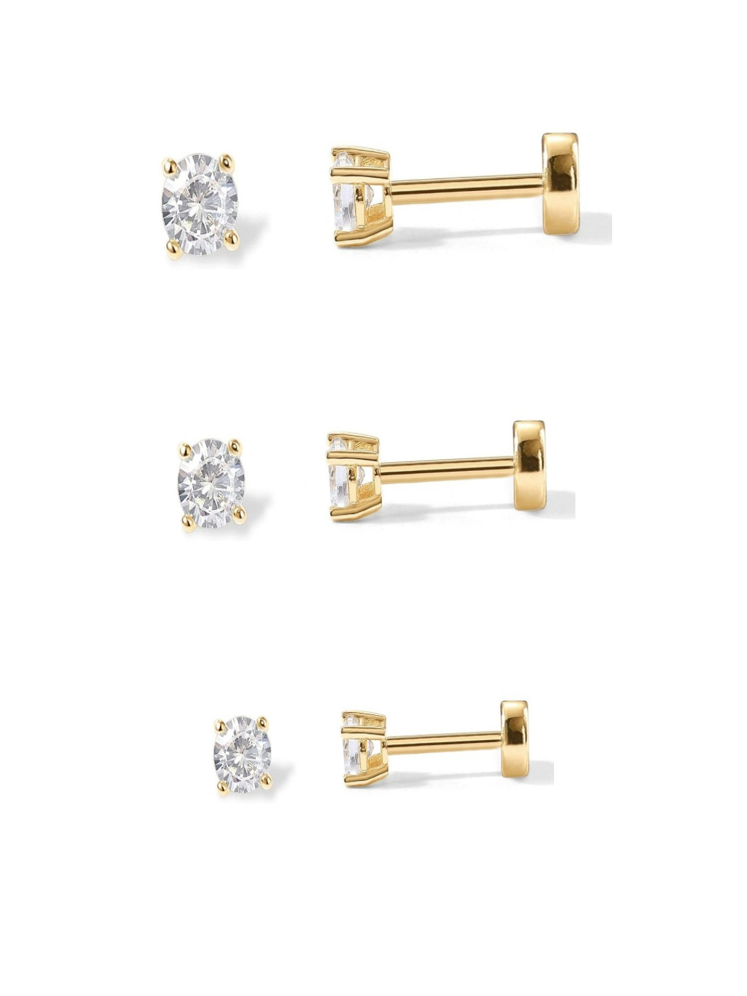 AQUASTREET 3Pcs 14K Plated Anti-Tarnish 2,3,4mm Single Zircon Flat Back Stud Earrings