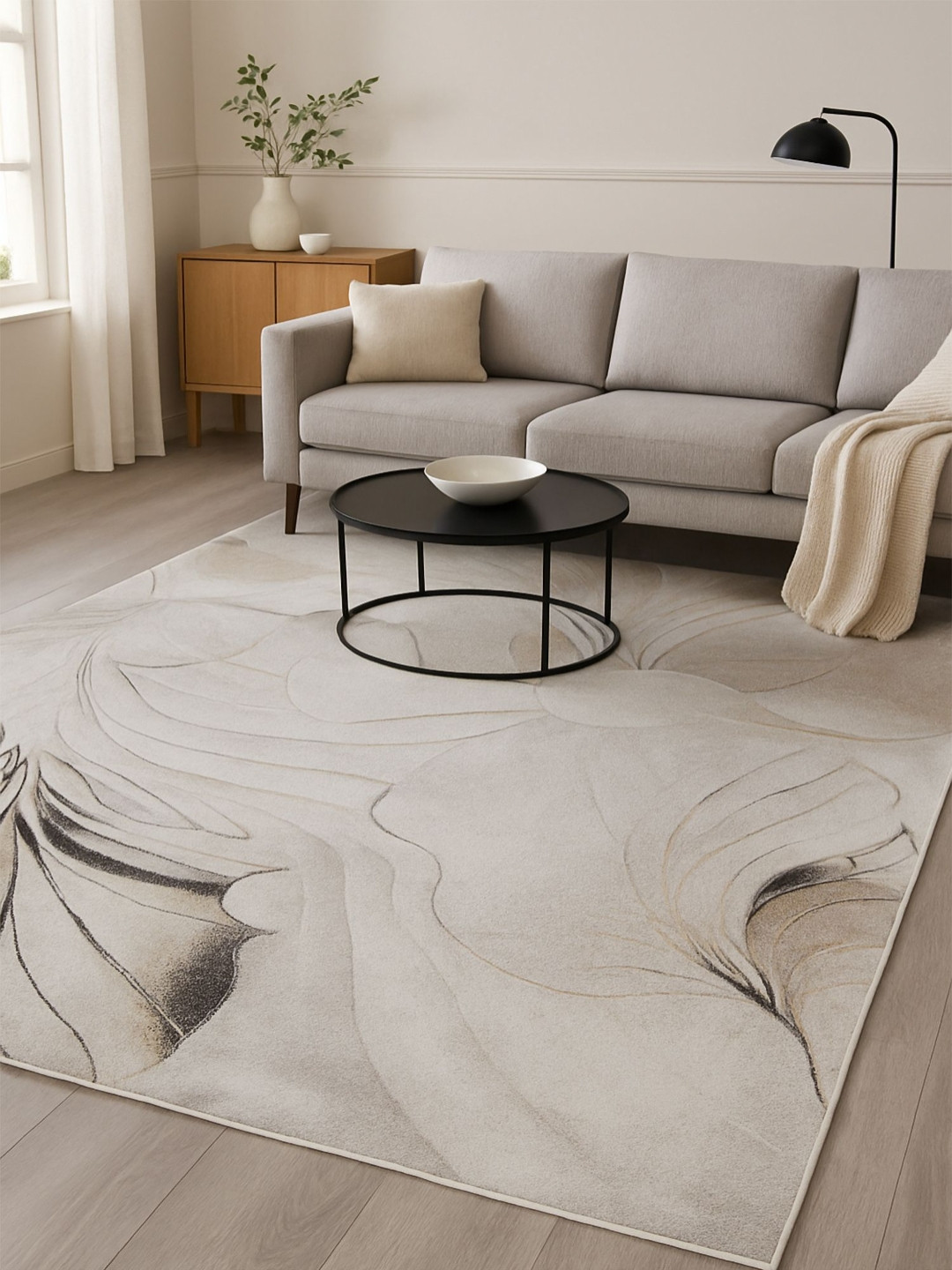 OBSESSIONS Cream And Brown Floral Printed Carpet