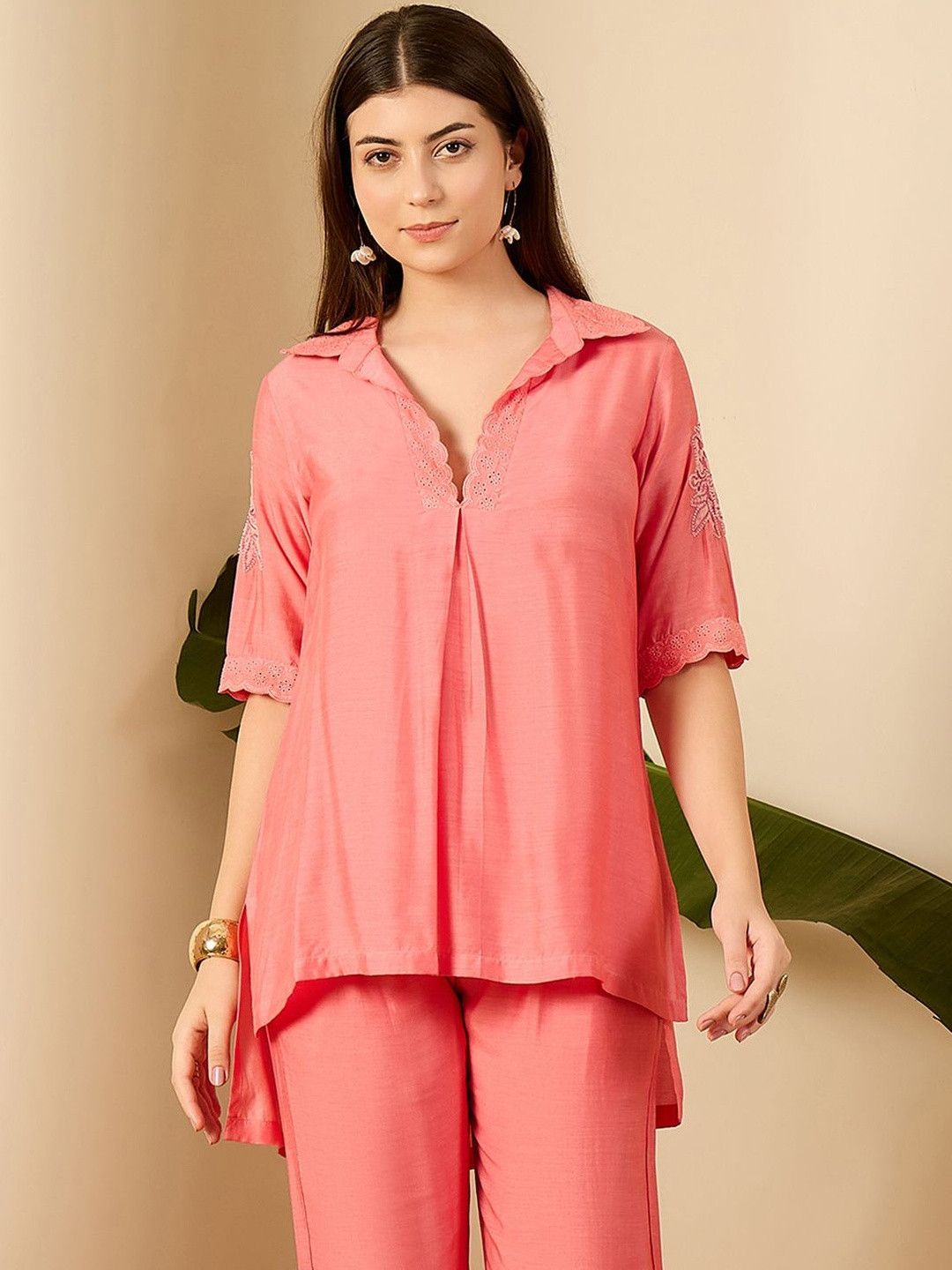 First Resort by Ramola Bachchan Women Rose Laced Shirt Collar Top