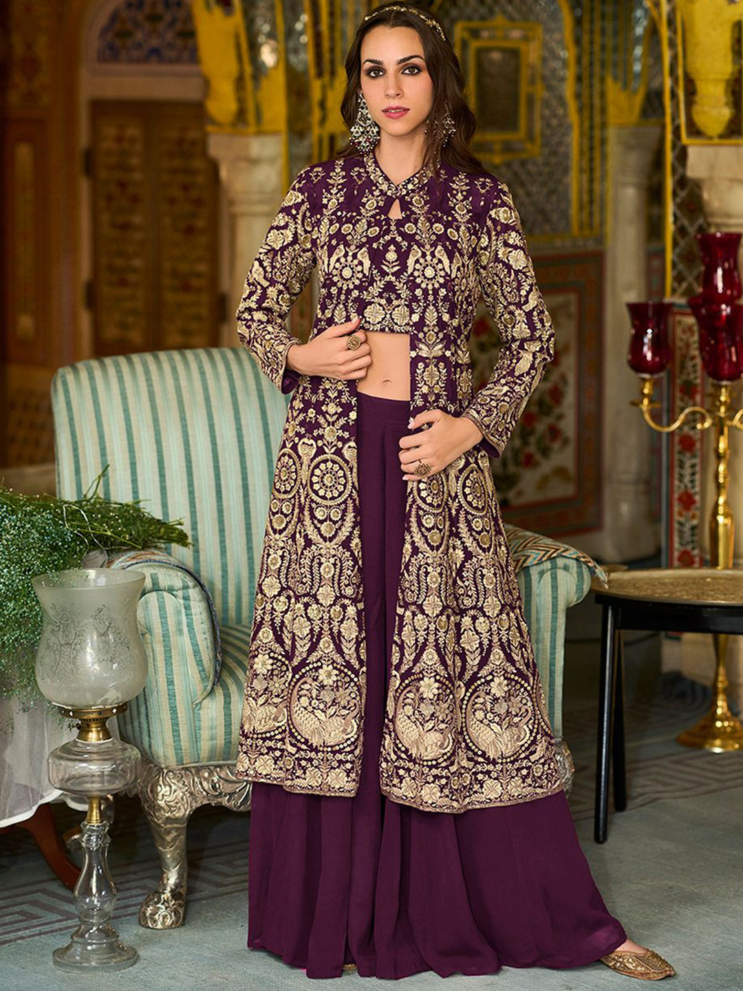 AHIKA Floral Embroidered Shoulder Straps Crop Top With Sharara & Shrug