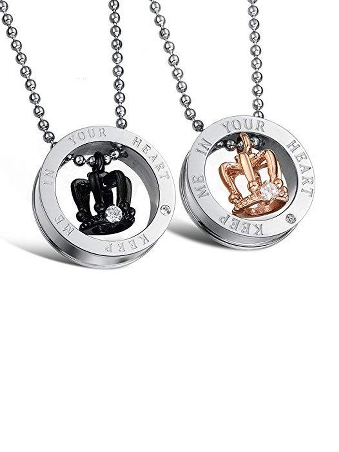 Moneekar Jewels 2 Piece Silver Stainless Steel His & Hers Couples Crown Necklace