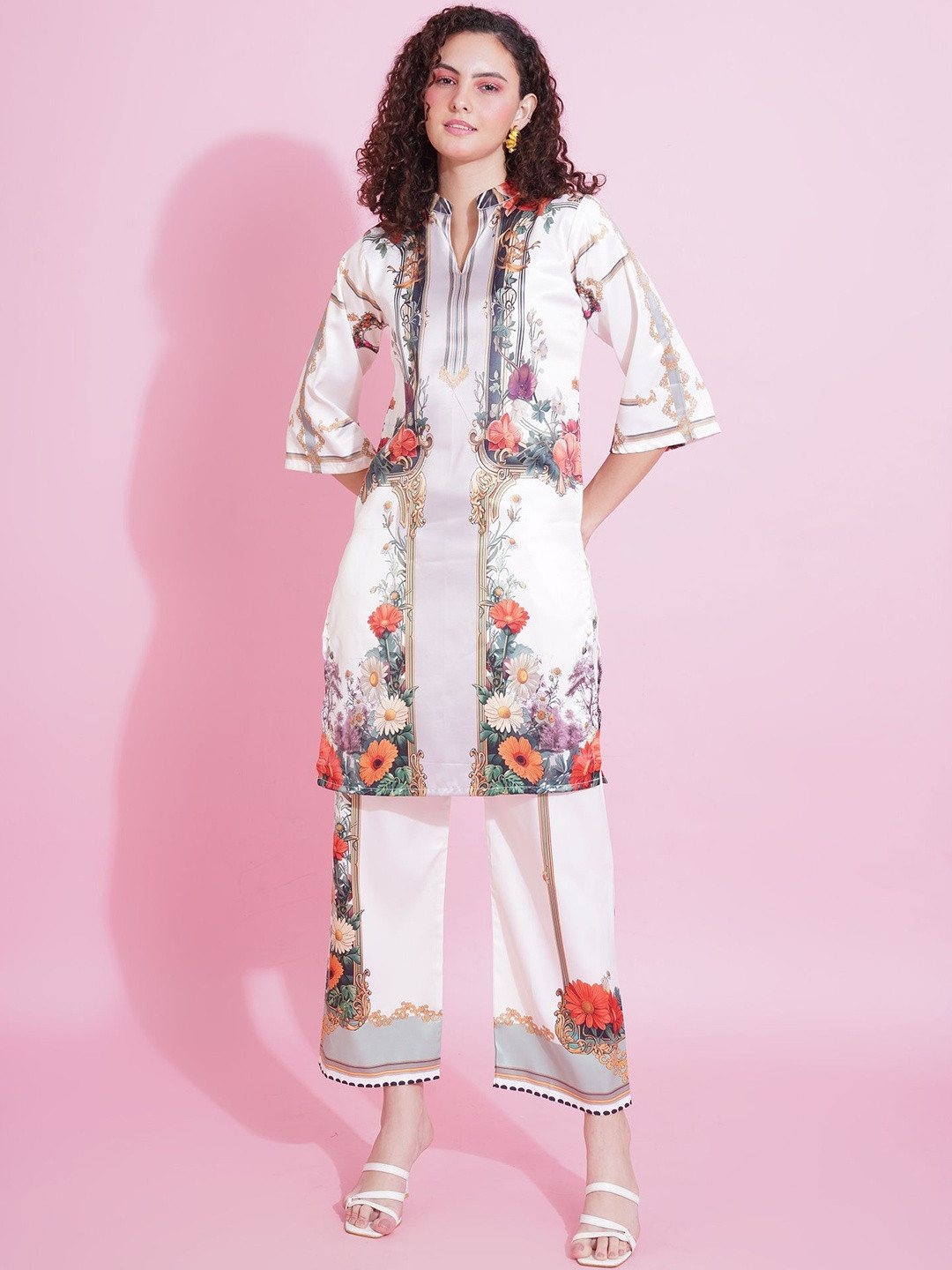 ARV TRENDS Floral Printed Mandarin Collar Satin Straight Kurta With Trousers