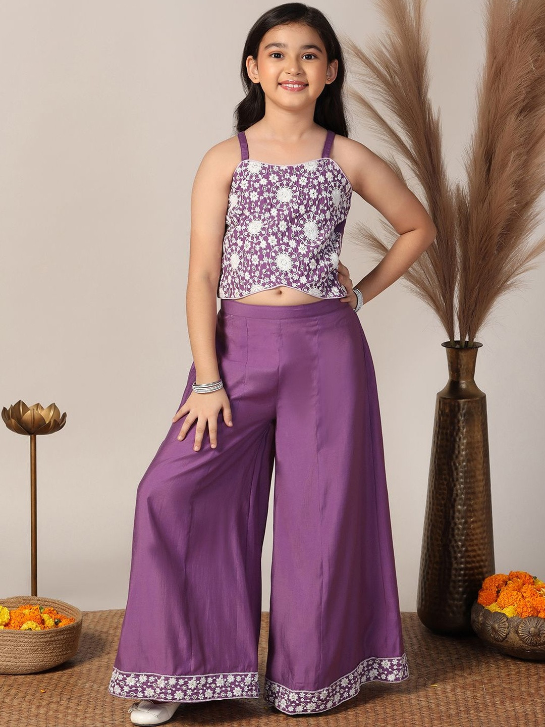 FASHION DREAM Girls Roman Silk Floral Embroidered Top with Palazzos