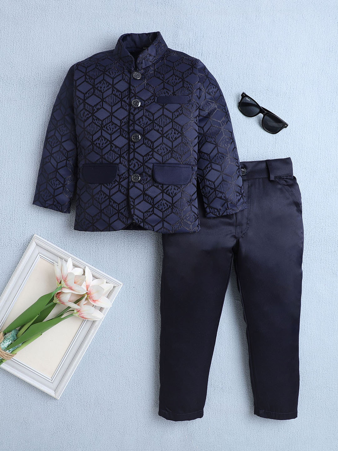 BAESD Boys 2 Piece Self Design Mandarin Collar Jodhpuri Suit Set