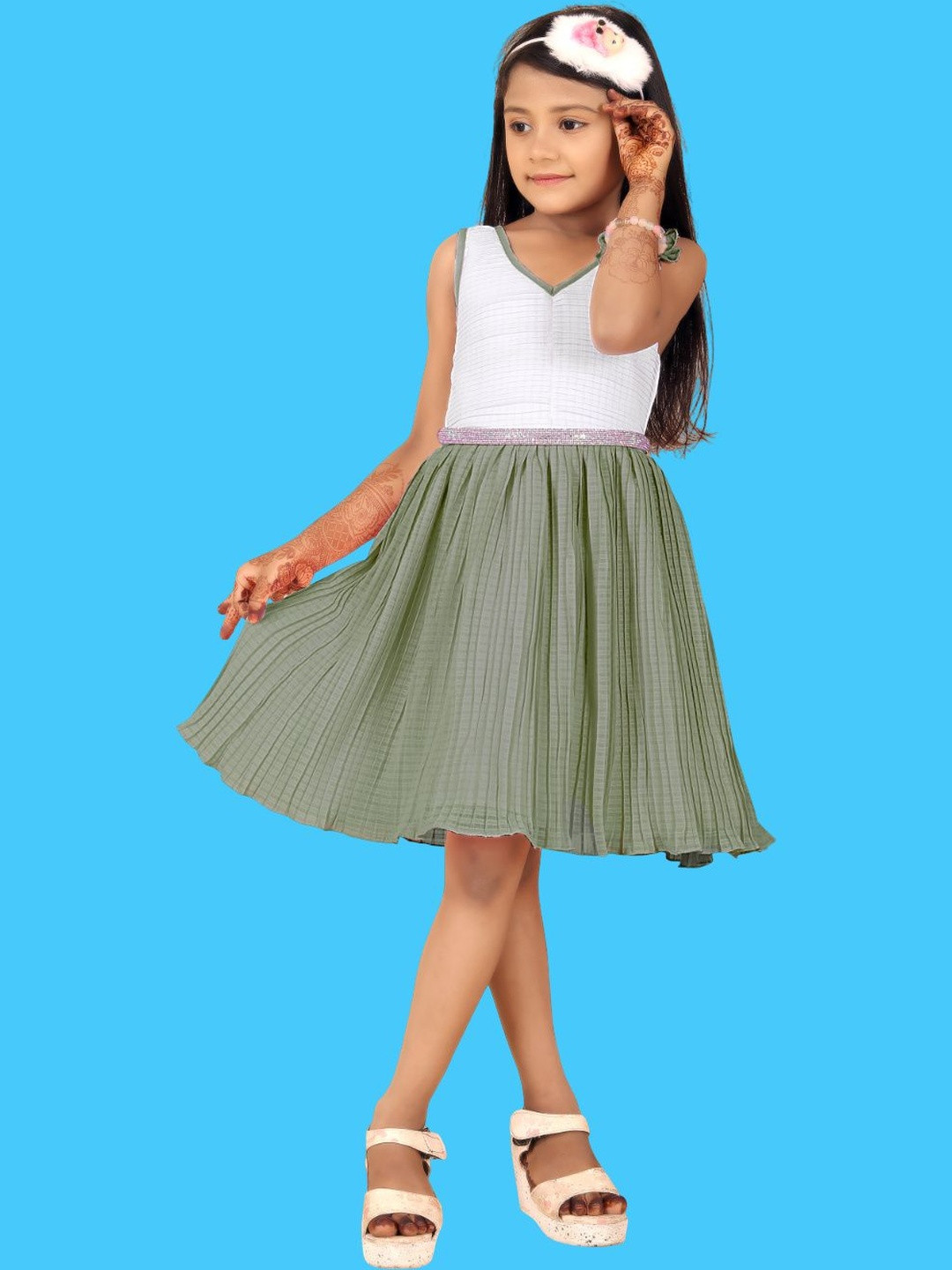 Satjal Fab Women Olive Embellished A-Line Dress