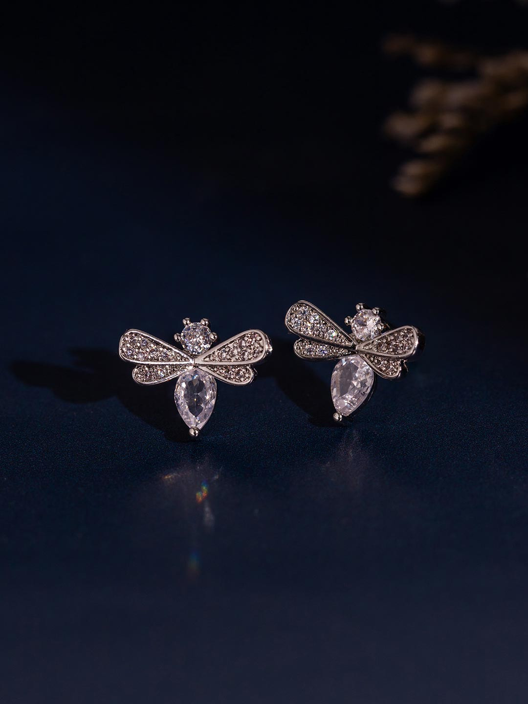 Voylla Korean Bling Crystal Wings Rhodium-Plated Artificial Stones Studded Animal Studs