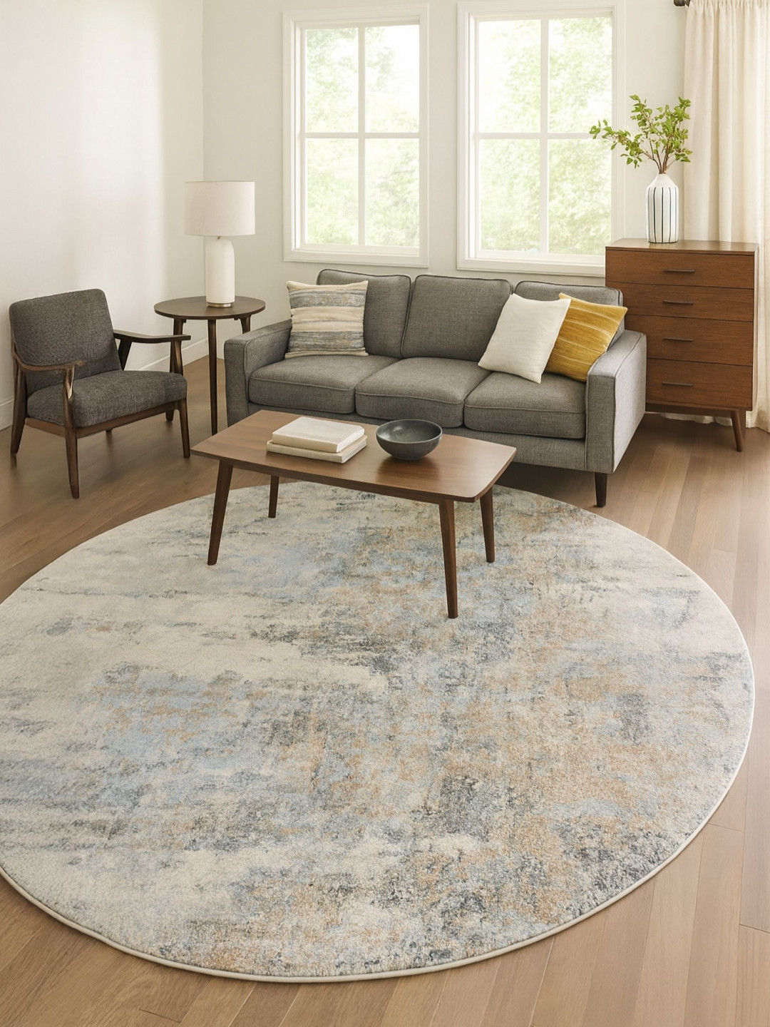 OBSESSIONS Cream-Coloured & Brown Abstract Round Shaped Carpet