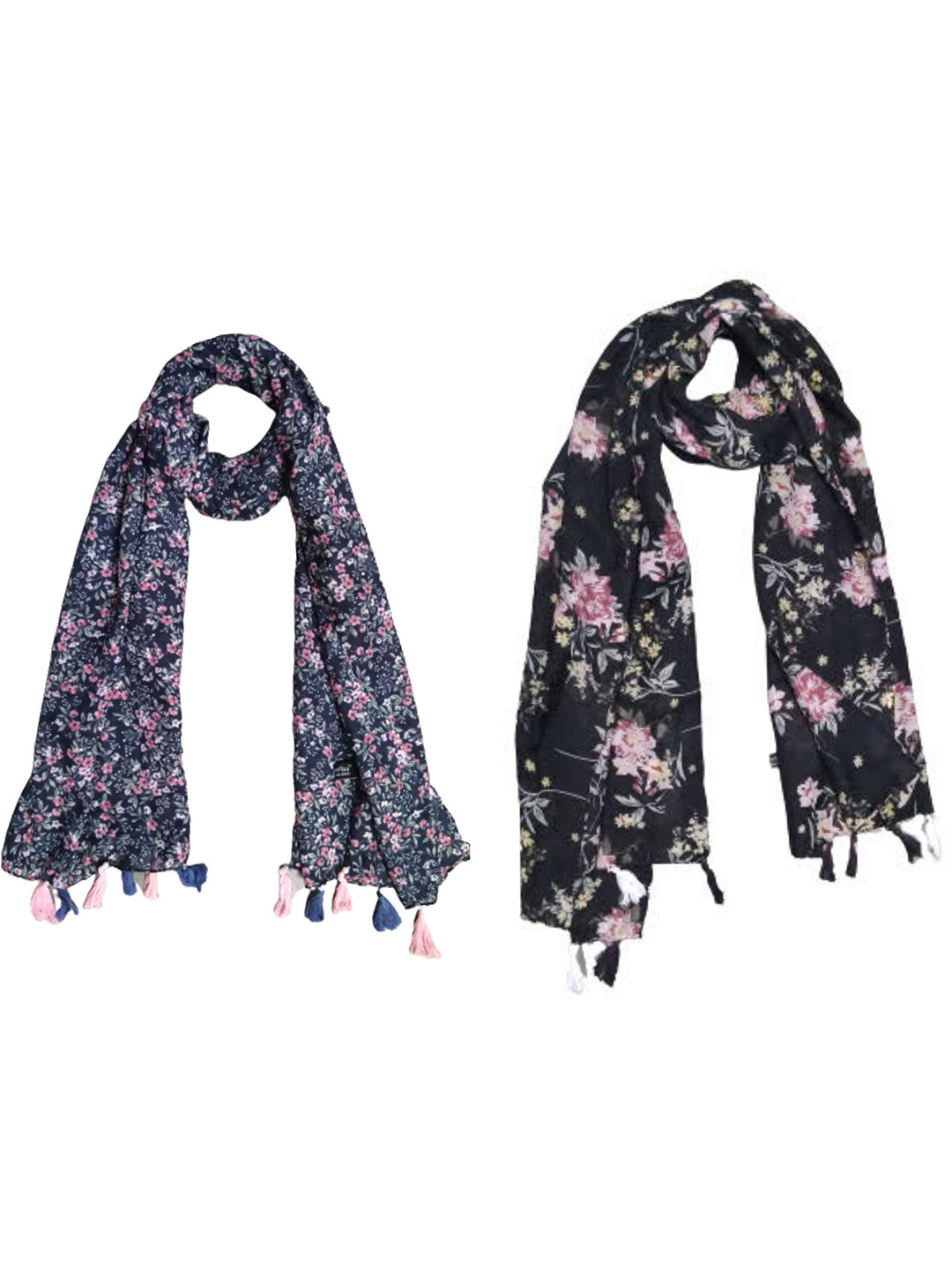POSHAMPAA be desi Women Pack Of 2 Floral Print Scarf with Tasselled Border