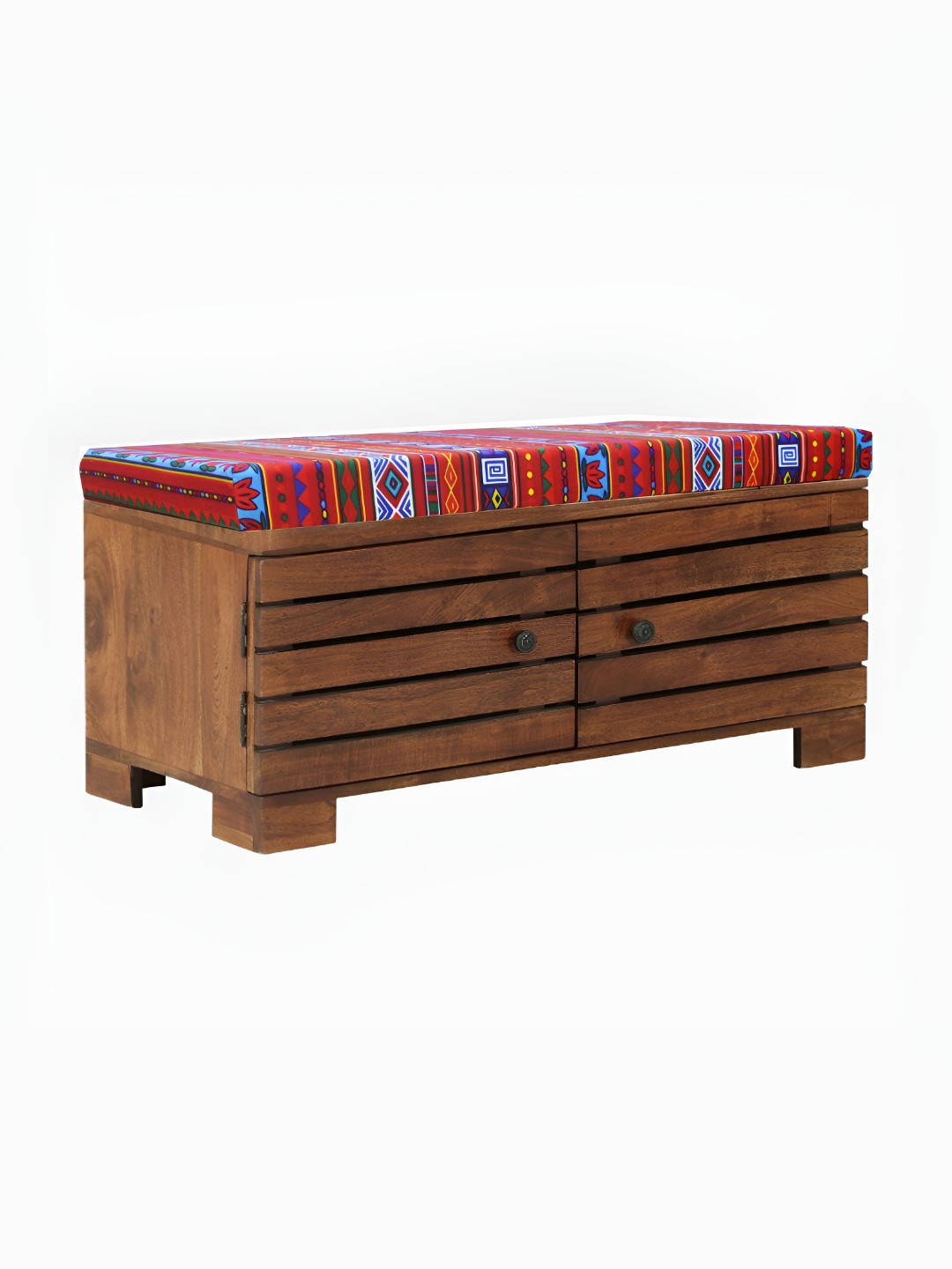 GLOBALLY INDIAN Liliana Brown & Red Printed Honey Oak Finish Wooded 4 Tier Shoe Stand