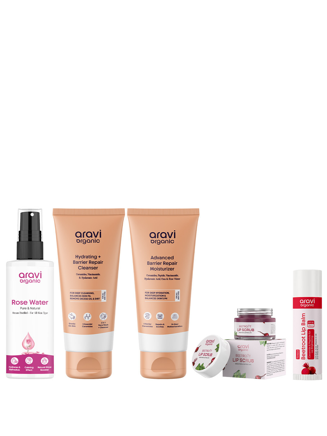 Aravi Organic Set Of 5 Rose Water -150ml, Moisturizer -100ml Lip Scrub -15g & Lip Balm -5g