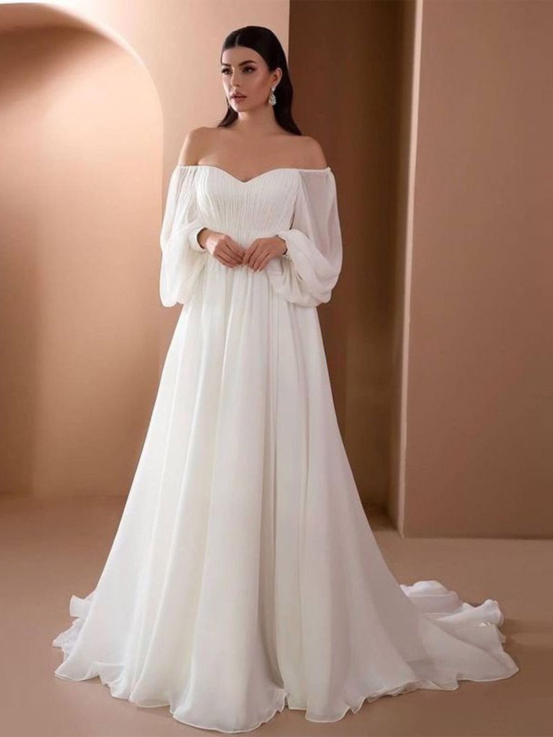 StyleCast Women Off-Shoulder Smocked Puff Sleeves Western Bridal Maxi Gown Dress