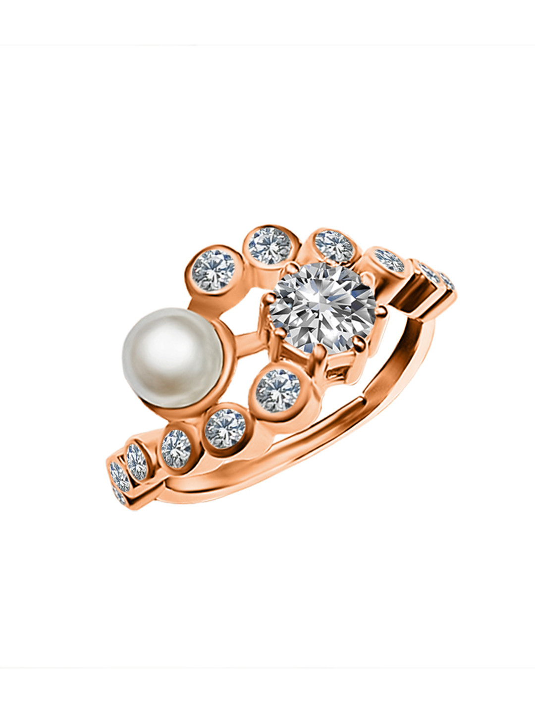 INARI SHINES 925 Silver Rose Gold-Plated CZ & Pearl Studded Twist Finger Ring