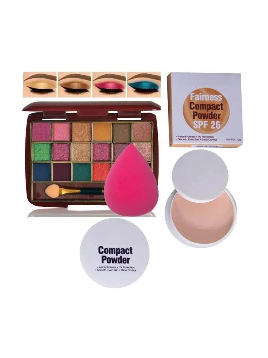 Toroka Set Of 3 Compact Powder - 12 g, Makeup Sponge & Eyeshadow Palette