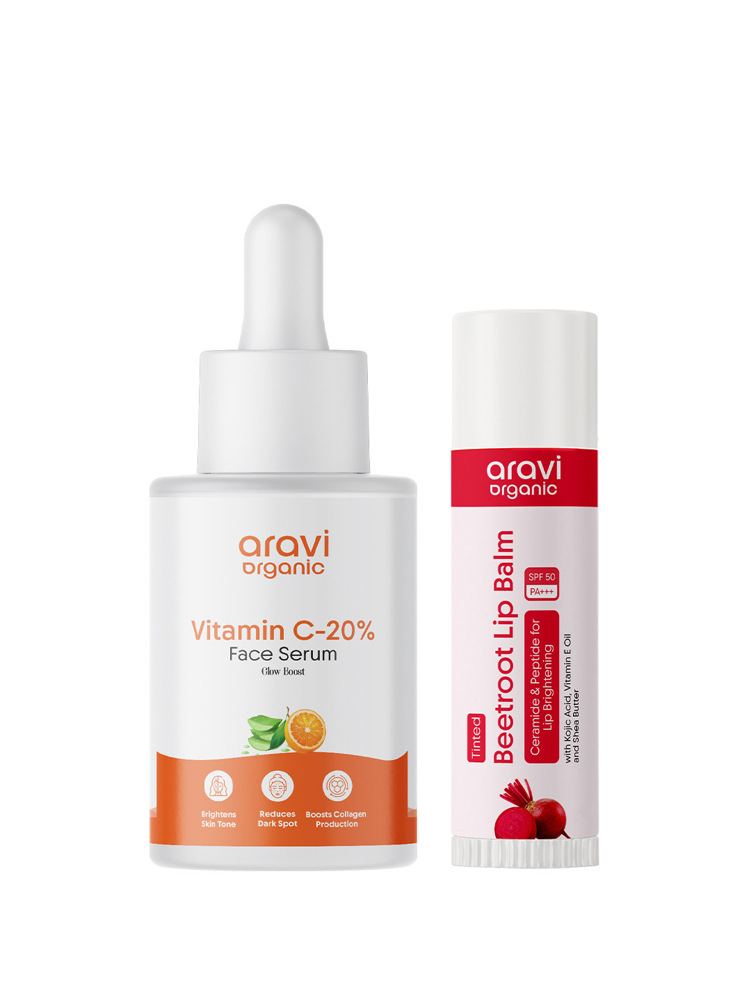 Aravi Organic Set Of 20% Vitamin C Face Serum - 30ml & Beetroot Tinted Lip Balm - 50g