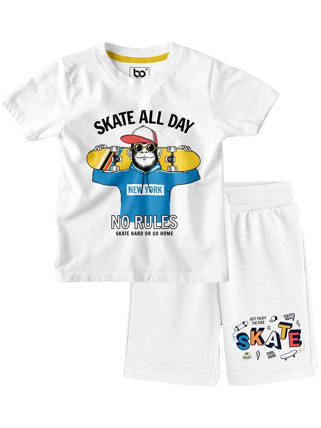 BonOrganik Boys Skate All Day Printed Round Neck Pure Cotton T-Shirt With Shorts