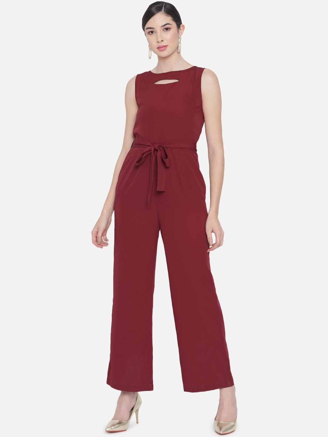 SZN Red Solid Basic Jumpsuit With Waist Tie-Ups