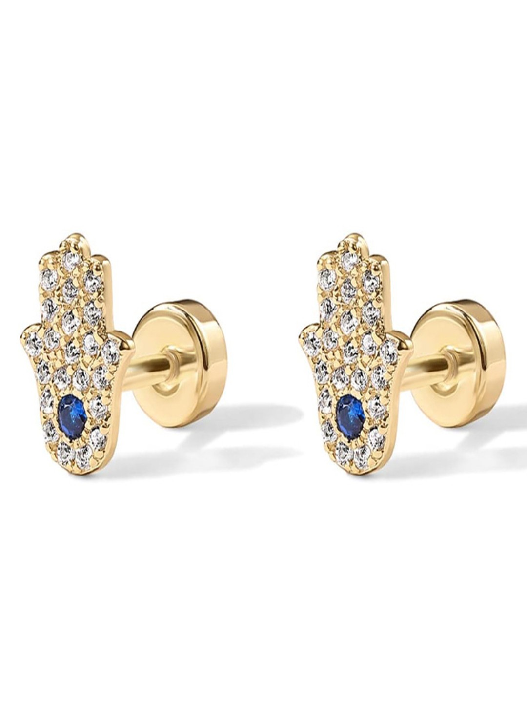 AQUASTREET 14K Plated Water-Resistant Antitarnish Hamsa Hand Zircon Flatback Stud Earrings