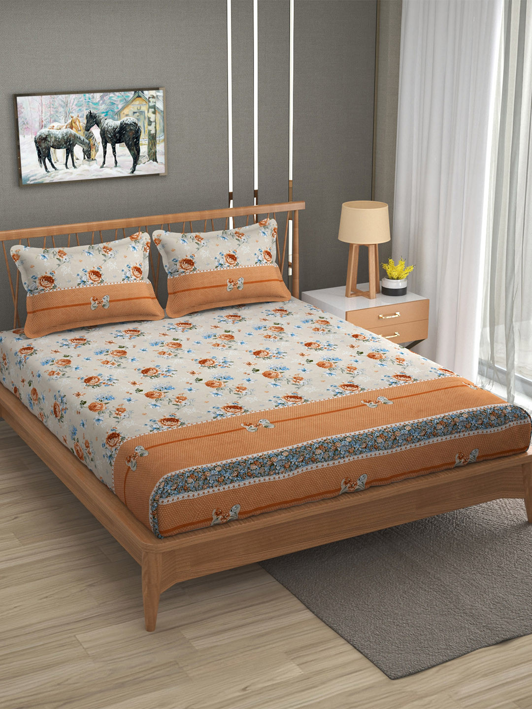 FURNOFY Multicolored 130 GSM Ethnic Motifs Bedsheet with 2 Pillow Covers