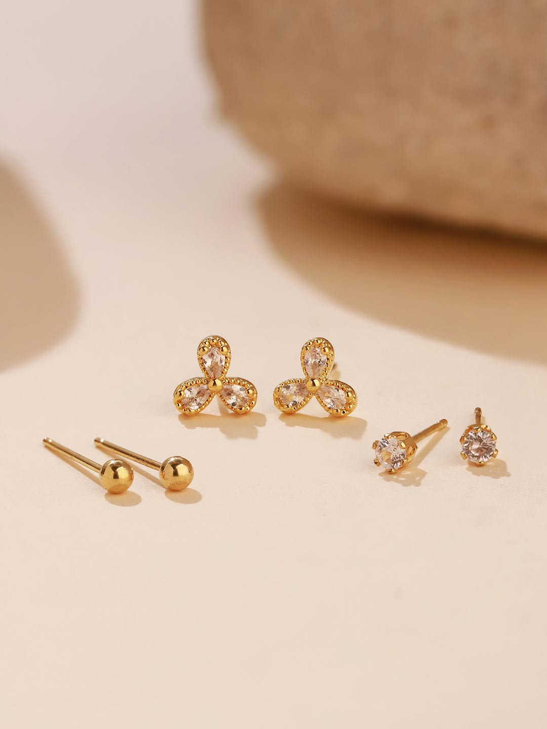 Voylla Korean Bling Everyday Glam Set Of 3 Gold-Plated Stones Studded Floral Studs