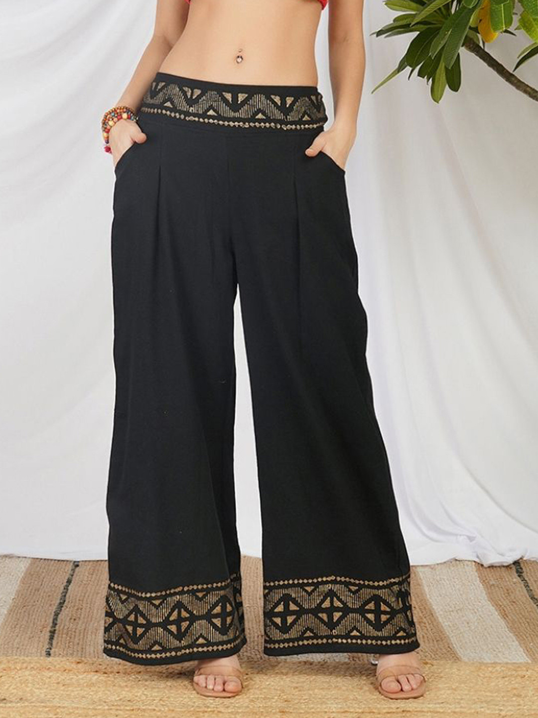 Boholyfe Women Pure Cotton Midnight Bloom Wide Leg Cotton Pleated Trousers