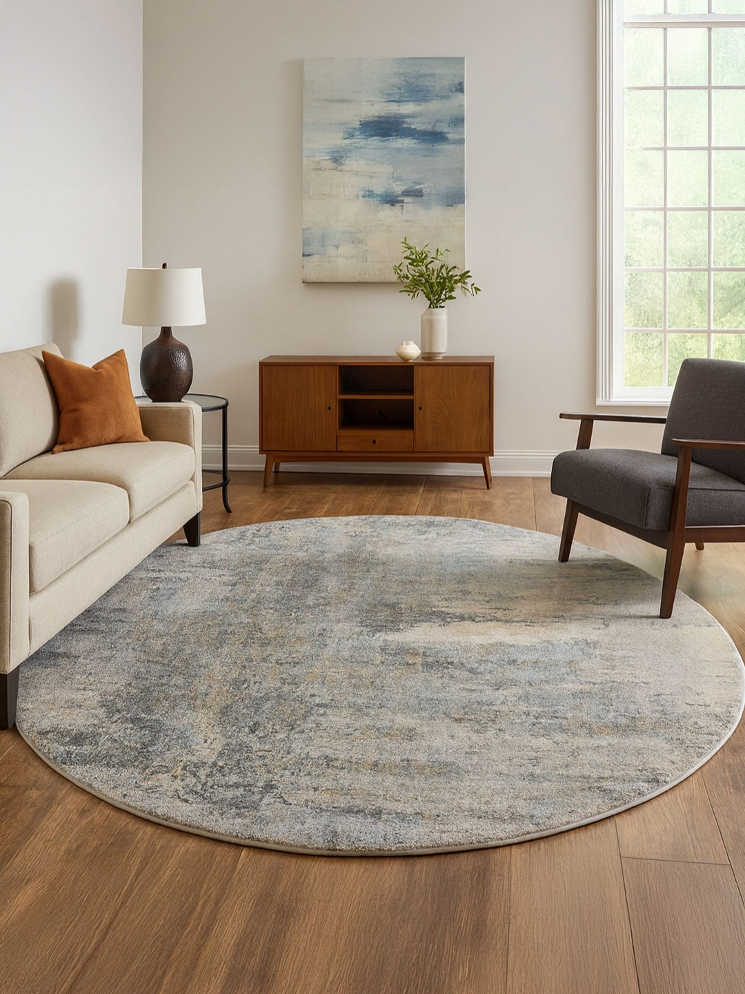 OBSESSIONS Cream-Coloured & Brown Abstract Round Shaped Carpet