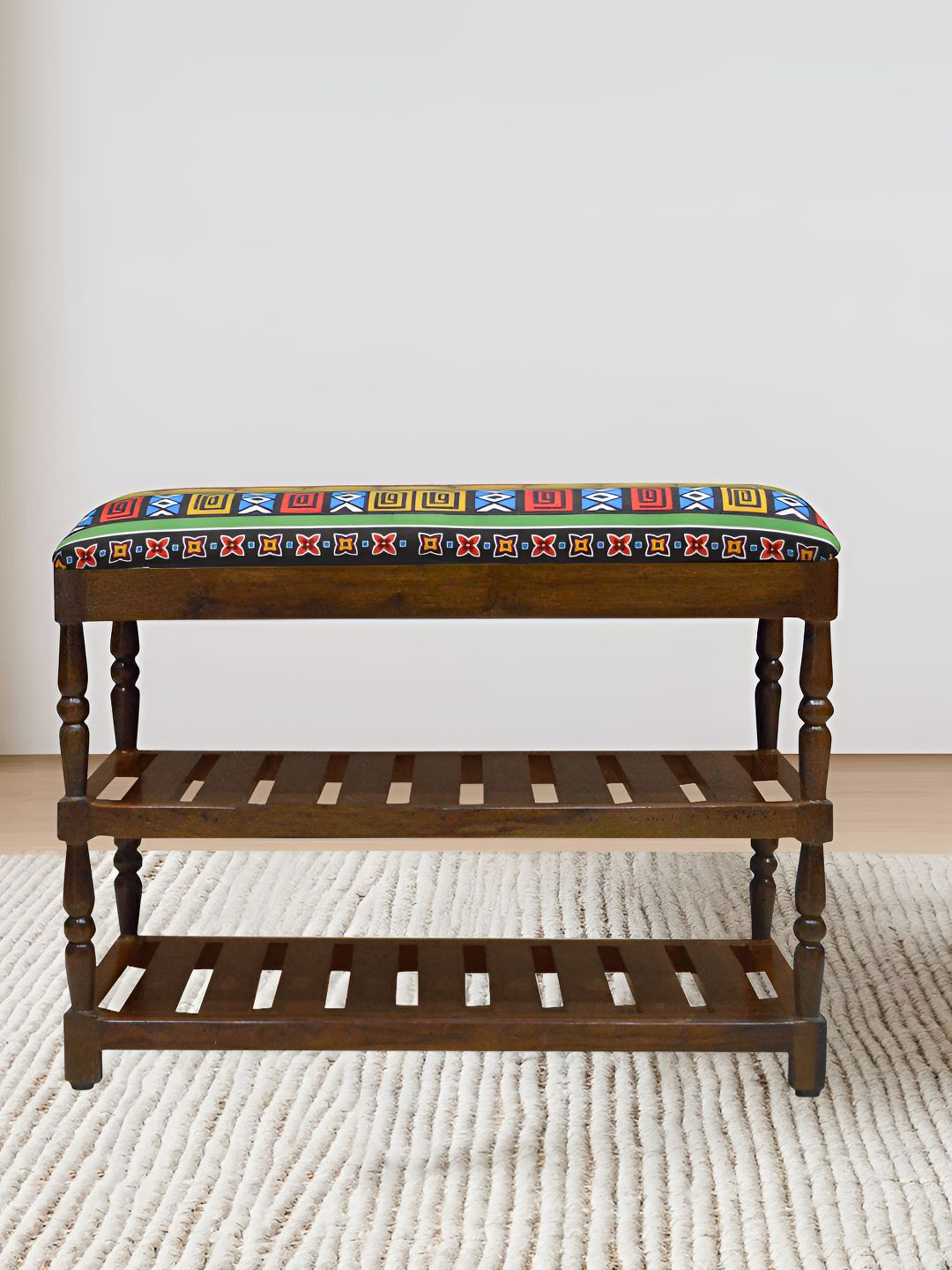 GLOBALLY INDIAN Amber Brown And Yellow Printed Wooded 2 Tier Shoe Stand