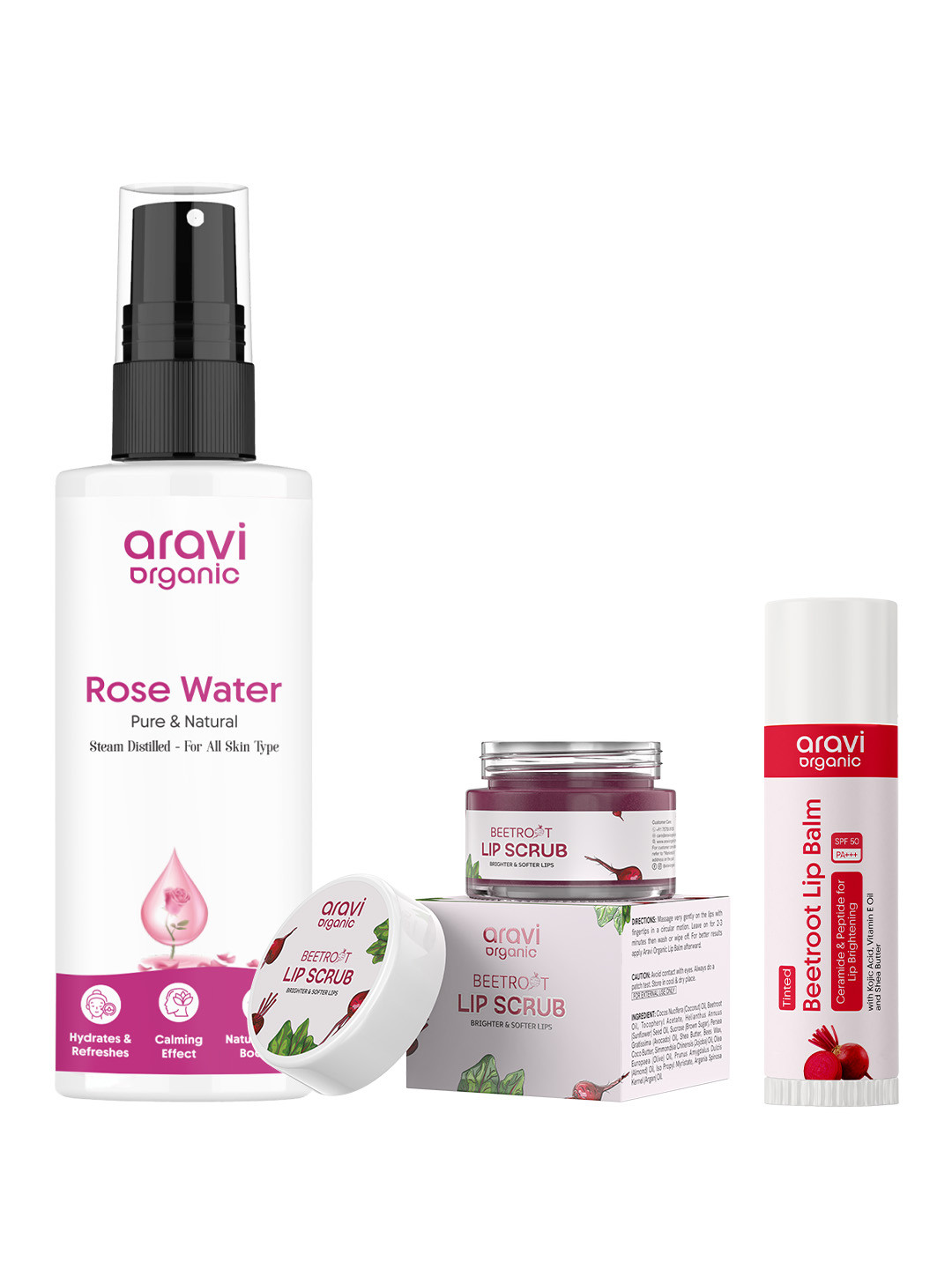 Aravi Organic Set Of 3 Rose Water- 150 ml- Beetroot Lip Scrub- 15 g & Lip Balm- 5 g