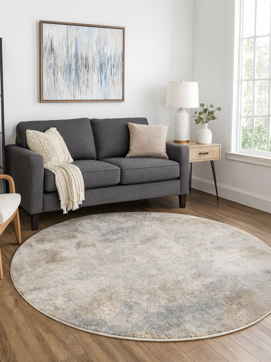 OBSESSIONS Grey & Brown Abstract Round Shaped Carpet