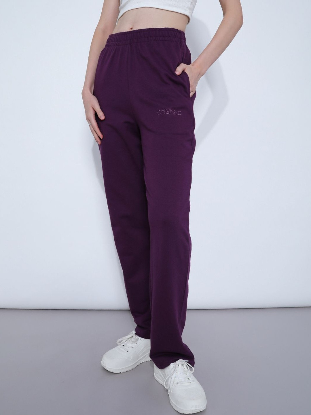 LIMEROAD Women Purple Western Solid Terry Track Pants