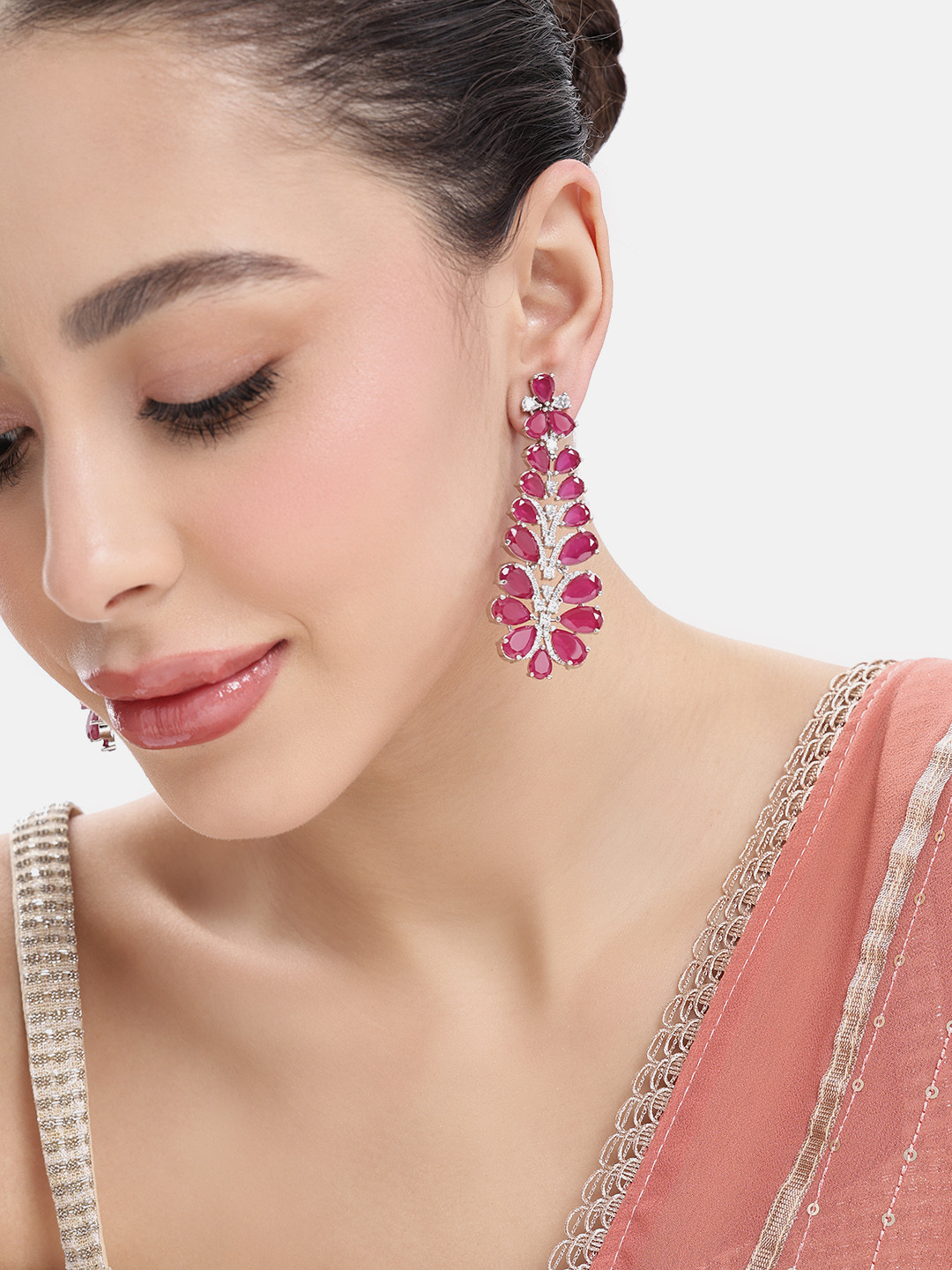 Lavish Giftz Rhodium-Plated Faux Ruby-Studded Leaf-Shaped Drop Earrings