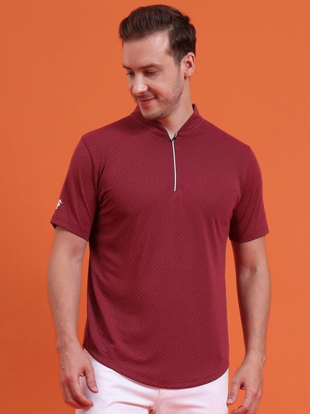 Eppe Men Mandarin Collar Tee Casual Wear Half Sleeve Polyester Textured T-shirt