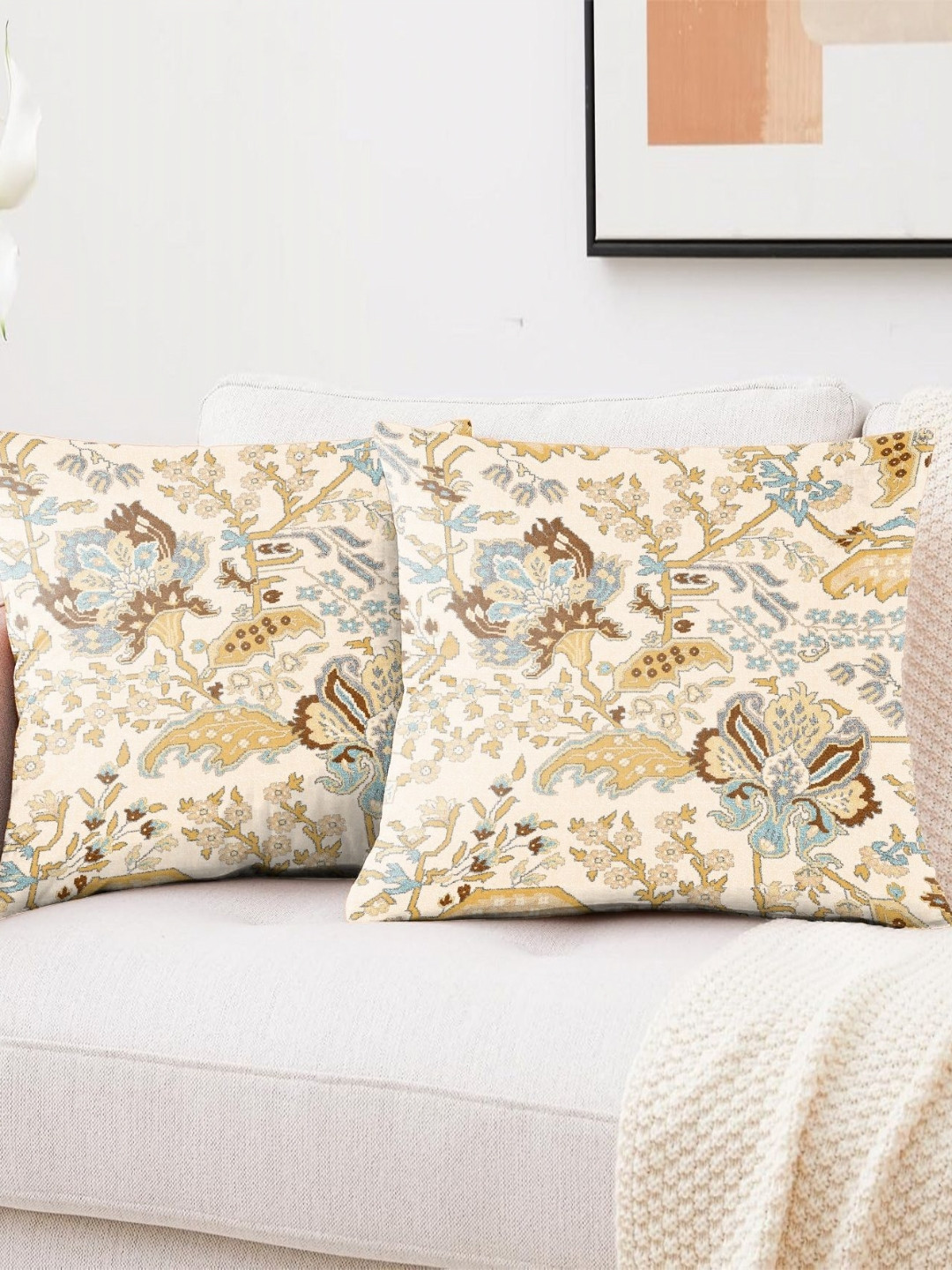 CASABLEU Premium Magma Yellow 2 Pieces Floral Square Cushion Covers