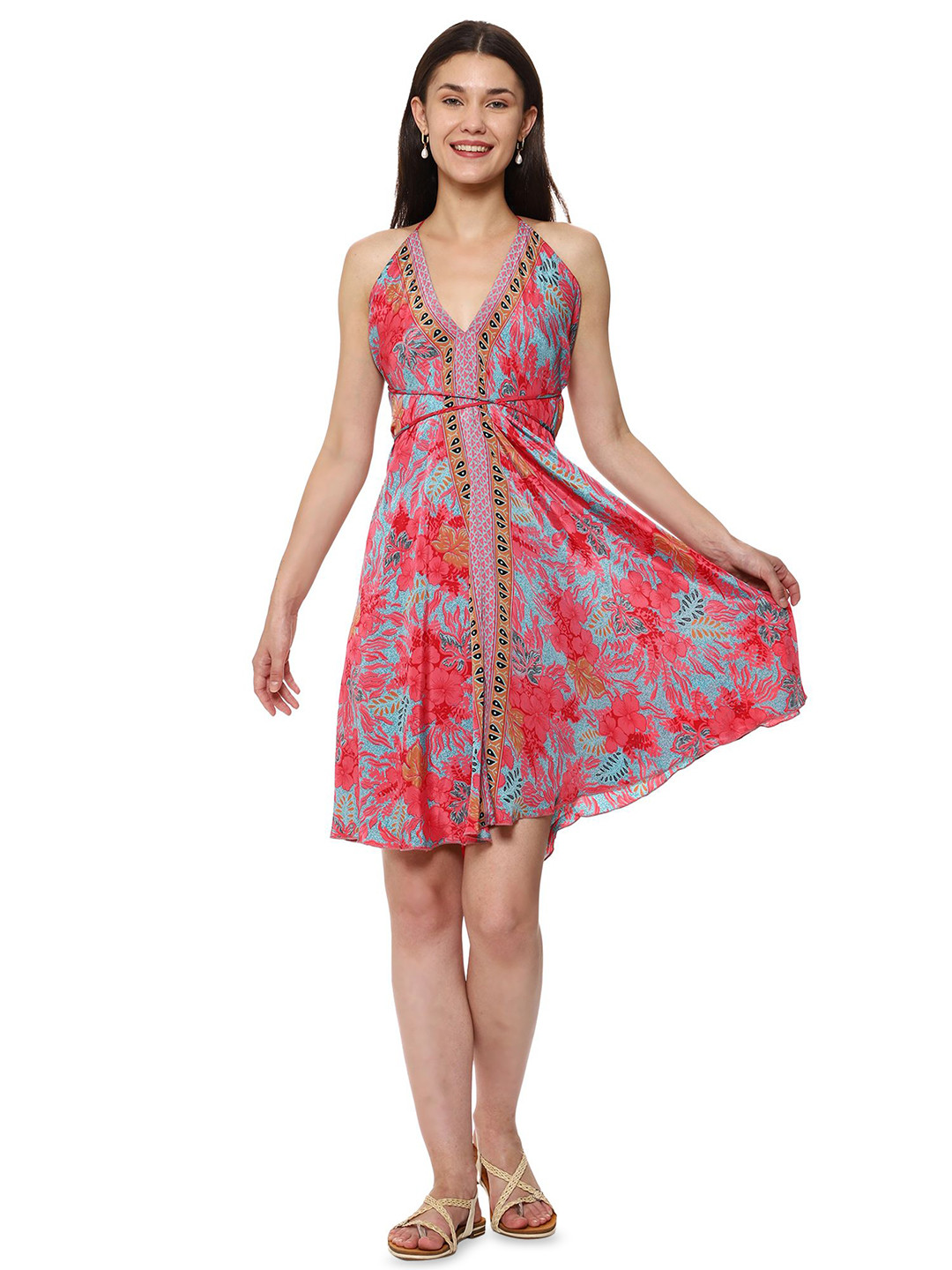 GALE GIRLS Floral Printed Halter Neck Backless A-Line Dress