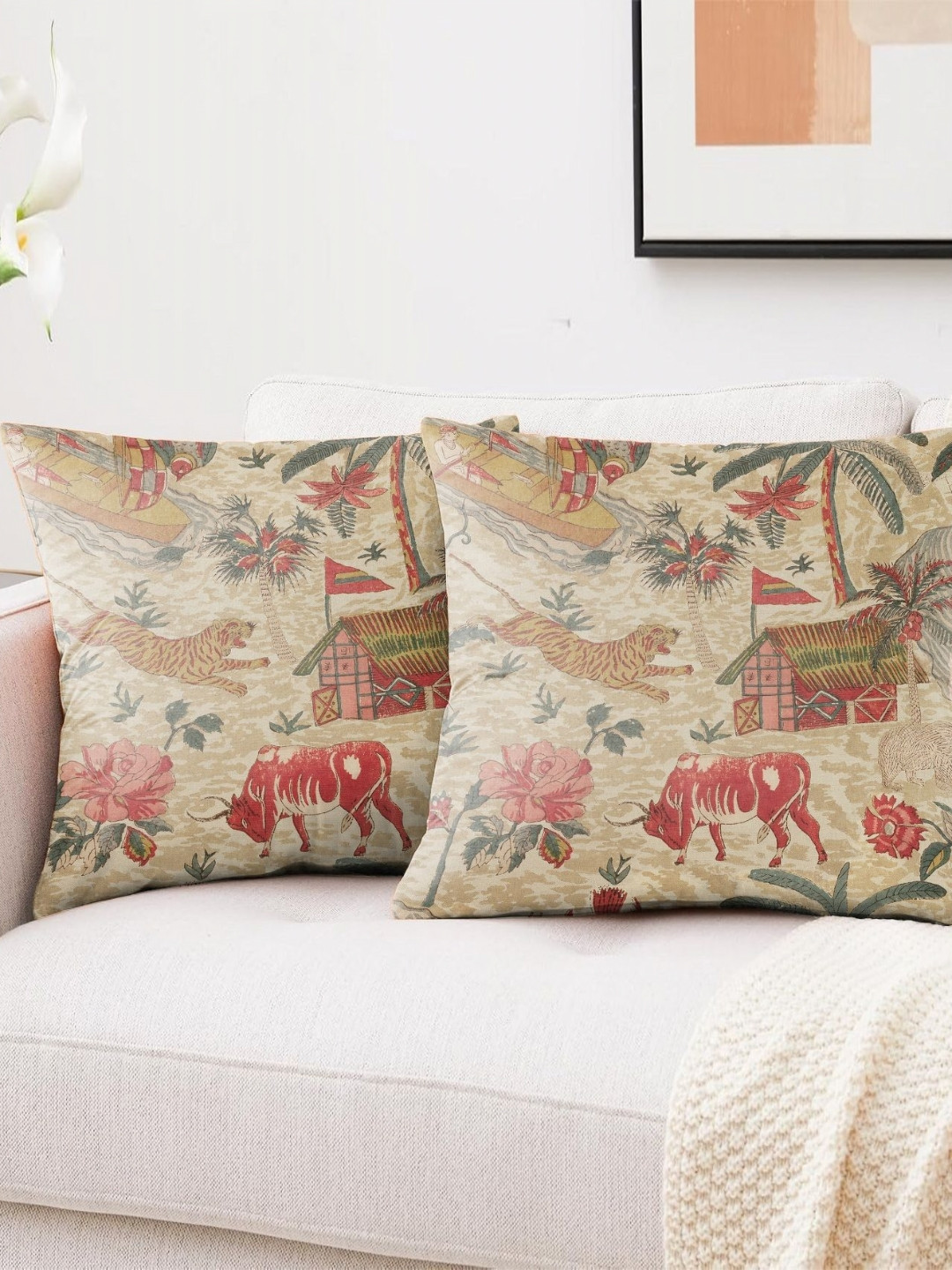 CASABLEU Premium Magma Cream 2 Pieces Graphic Printed Square Cushion Covers