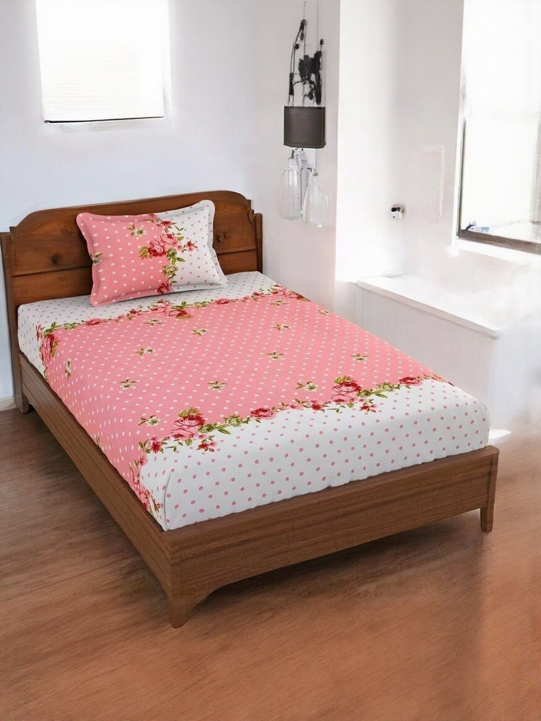 WELLNEST Peach 110 TC Cotton Fitted Single Bed Bedsheet With 1 Pillow Cover