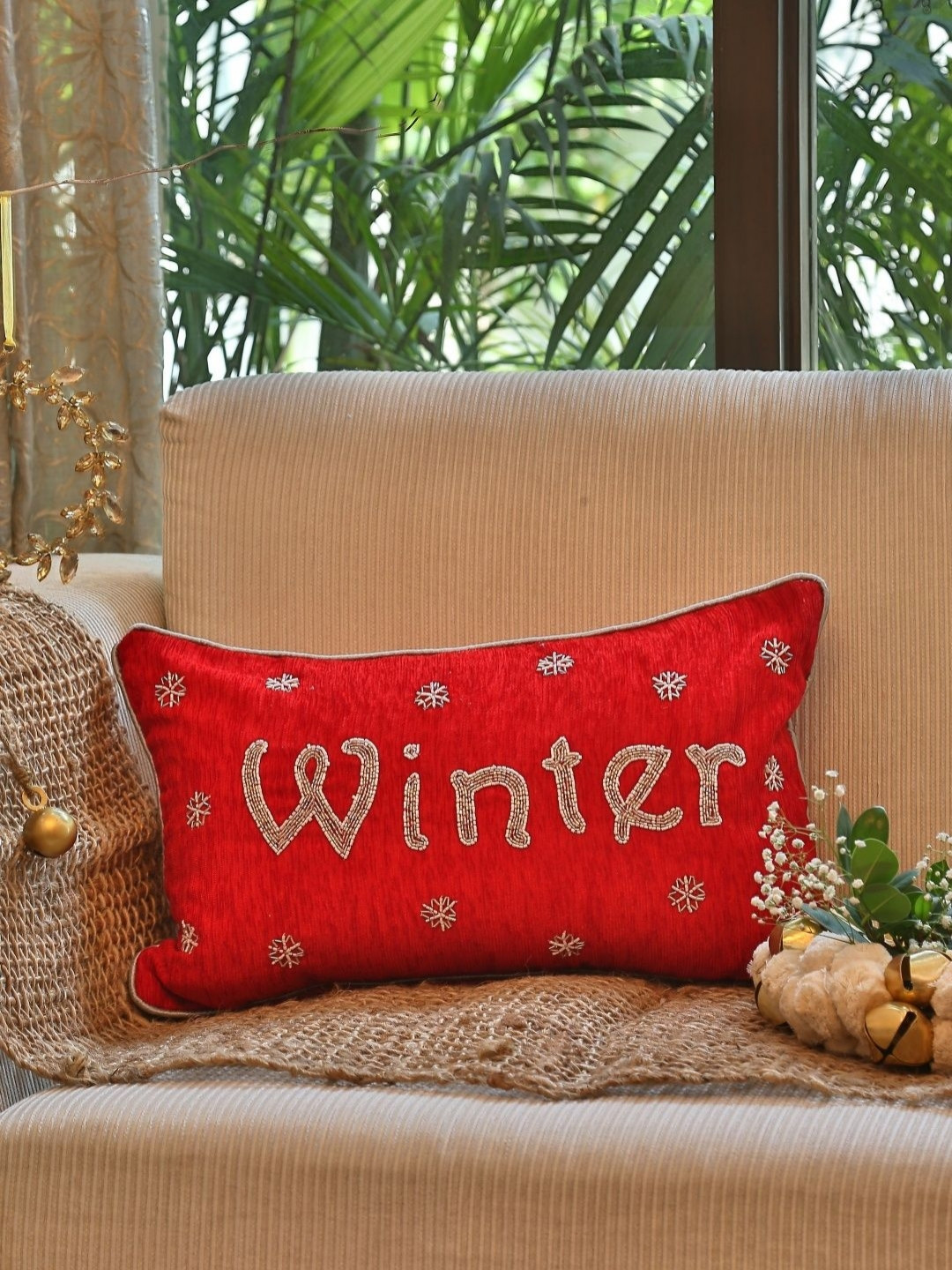 Revive Home Red & Gold-Toned Winter Beaded Rectangle Cushion Covers