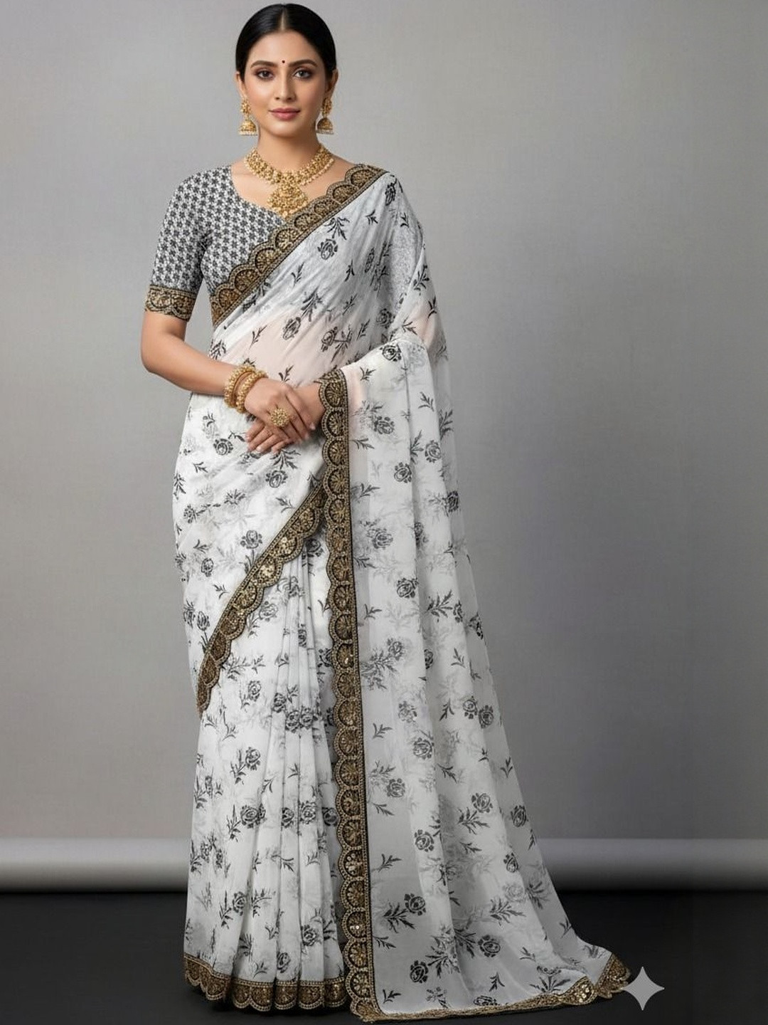 Parvanya Fashion Hub Floral Printed Sequinned Pure Georgette Saree